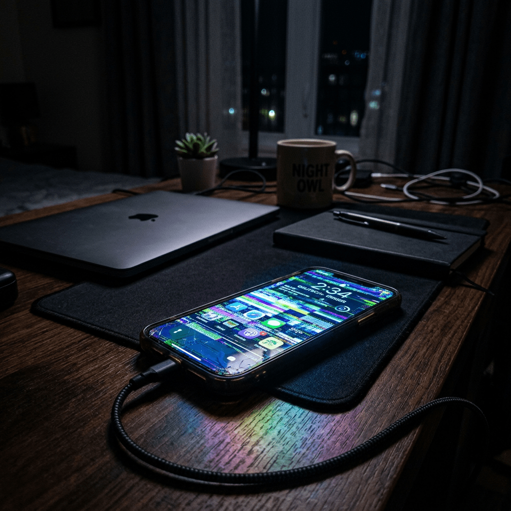 Desk at night with MacBook, charging smartphone, notebook with pen, and Night Owl coffee mug