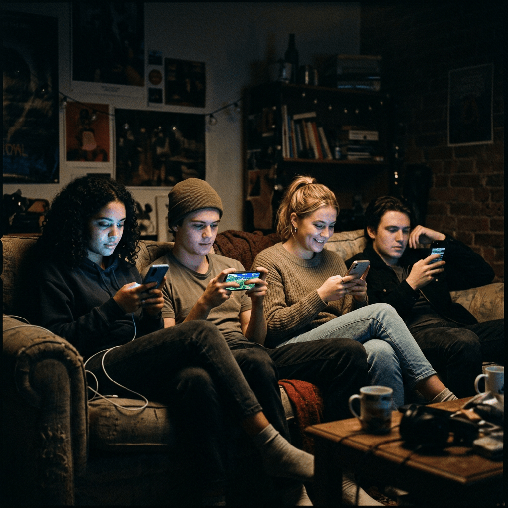 Four young adults sitting on a couch, focused on their phones, with one playing a mobile game.